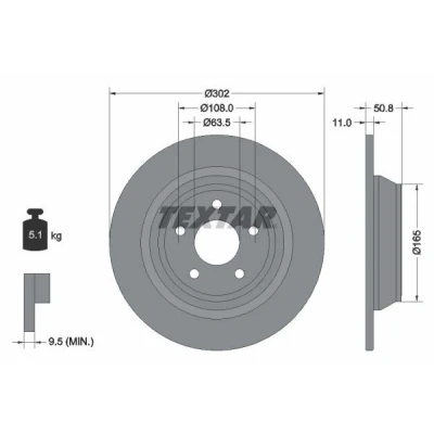 Abbildung von TEXTAR PRO 92268703 Bremsscheibe 302 11 05/05 108 voll beschichtet ohne Radbefestigungsbolzen, Radnabe FORD: Mondeo 5 Kombi,