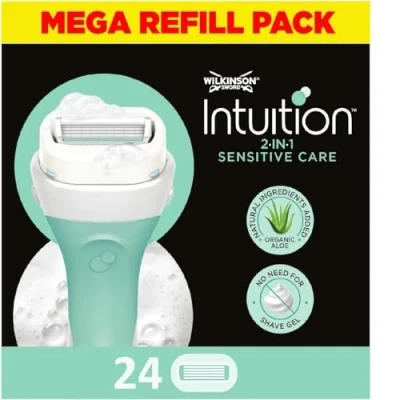Abbildung von WILKINSON SWORD Intuition Sensitive Care für Frauen kein Rasiergel erforderlich Packung mit 24 Rasierklingen Nachfüllpackungen