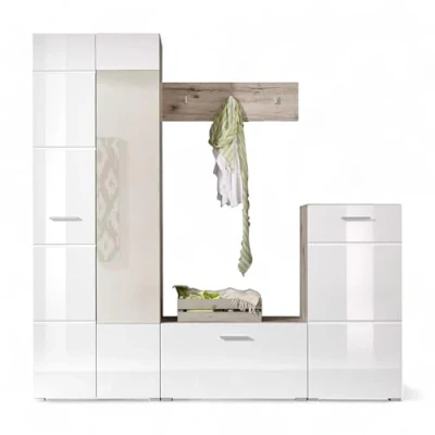 Abbildung von Stella Trading Sixx Flurgarderoben Set in Weiß Hochglanz/Sandeiche Optik Moderne Kompaktgarderobe 4 teilig für Ihren Eingangsbereich 195 x 36 cm (B/H/T)