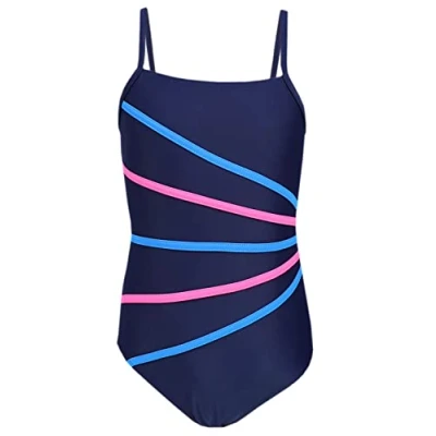 Abbildung von Aquarti Mädchen Badeanzug mit Spaghettiträgern Streifen, Farbe: Dunkelblau/Streifen Rosa Blau, Größe: 158