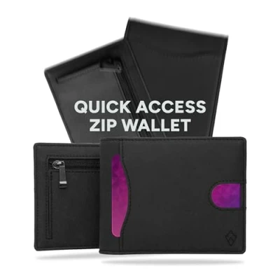 Abbildung von AKIELO Geldbörse Faltbar mit Reißverschluss Münztasche, RFID Schutz und Geschenkbox Stylischer Herren Geldbeutel Kontaktloser Kreditkartenschutz Wallet (Schwarze Ausgabe Reißverschluss)