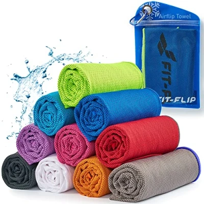 Abbildung von Fit Flip Kühltuch Airflip Towel das kühlende Sporthandtuch als Cooling und mikrofaser Ice Kühlhandtuch für Fitness Sport (dunkel blau neon grüner Rand, 100x30cm)