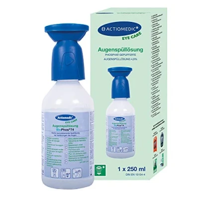 Abbildung von ACTIOMEDIC Augenspülung mit phosphatgepufferter Spüllösung BioPhos®74 4,9% Im Einzelkarton I Phosphatgepufferte Augenspüllösung Sterile für Chemikalien 250 ml