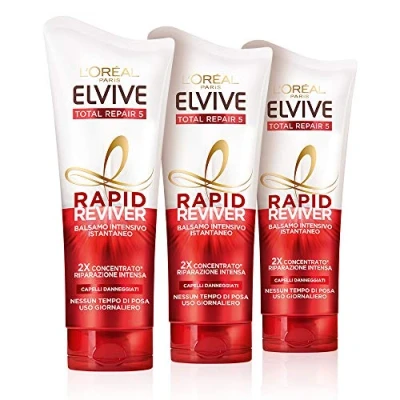 Abbildung von L&#039;Oréal Paris Elvive Rapid Reviver Intensivbalsam Total Repair 5, angereichert mit Aminosäure und Vitamin E, für geschädigtes Haar, 3 Stück
