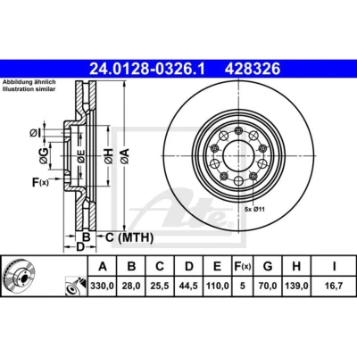 Abbildung von ATE 24.0128 0326.1 Bremsscheibe 330,0 28,0 5 110,0 Belüftet beschichtet ALFA ROMEO: Stelvio, Giulia Saloon