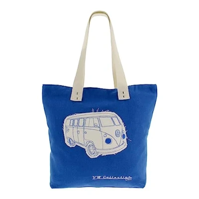 Abbildung von BRISA VW Collection Volkswagen Wiederverwendbare Canvas Einkaufs Tüte Strand Tasche mit T1 Bulli Bus Motive (Silhouette/Blau)