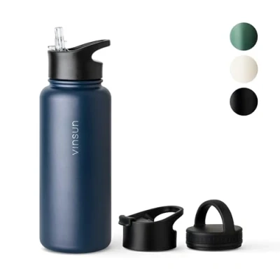 Abbildung von Vinsun Edelstahl Trinkflasche 1L 3 Deckel auslaufsicher, Kohlensäure geeignet, BPA frei leichte Thermosflasche Sport, Outdoor, Schule, Uni, Büro, Gym