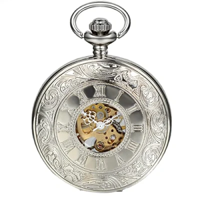 Abbildung von JewelryWe Klassiker Retro Taschenuhr römische Ziffern Herren Handaufzug mechanische Kettenuhr Skelett Uhr mit Halskette Kette Umhängeuhr Silber