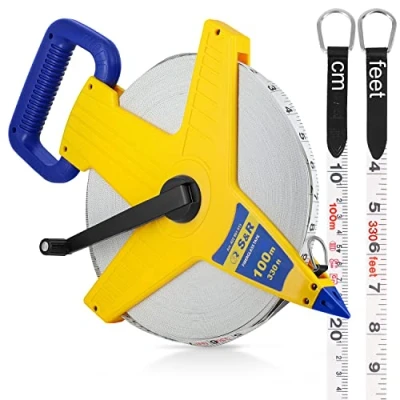 Abbildung von S&amp;R Bandmaß Fiberglas 100m / 330 Ft Fuß doppelt markiert, Rollband Breite 13mm, Roll Maßband mit Metallring und Zentrierspitze