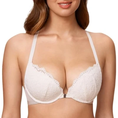 Abbildung von DOBREVA Damen Vorderverschluss BH mit Bügel Push Up Spitzen Neckholder BHS Racerback Tiefer Ausschnitt Gepolsterter Kokosnuss Weiß 85E
