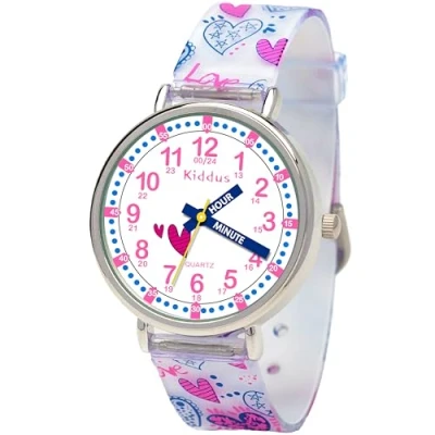 Abbildung von Kiddus Lern Armbanduhr für Kinder, Jungen und Mädchen. Analoge mit Zeitlernübungen. Zeit Lehrer. Time Teacher. English Version. Hearts