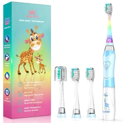 Abbildung von Elektrische Zahnbürste Kinder ab 3 6 8 12 Jahre mit buntem Regenbogen LED Licht Integrierter Timer 90% abgerundeten Borsten Schallzahnbürste für Kleinkind (Kind Blau)