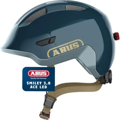 Abbildung von ABUS Kinderhelm Smiley 3.0 ACE LED Fahrradhelm mit Licht tiefe Passform &amp; Platz für einen Zopf Mädchen und Jungs Blau Glänzend, Größe S