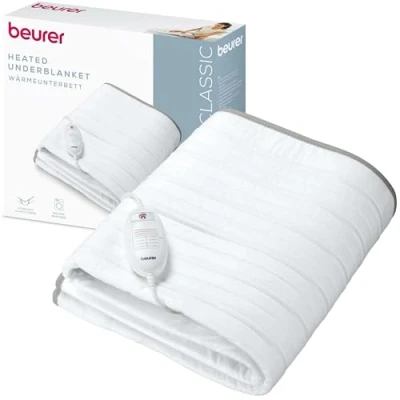 Abbildung von Beurer TS 17 Wärmeunterbett, weiches Vliesmaterial, rutschfest dank Fixierung mit Gummiband, 3 Temperaturstufen, 150x80 cm, Sicherheitssystem, abnehmbarer Schalter, maschinenwaschbar bei 30 C, Grau