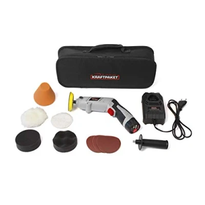 Abbildung von Dino KRAFTPAKET 640256 10.8V Akku Poliermaschine Multiplex 75mm Teller 600 3.000U/min mit drehbarem Gehäuse für Stab oder Pistolenform. Komplett Set Pads Polierteller Schnelladegerät, Tasche, Grau