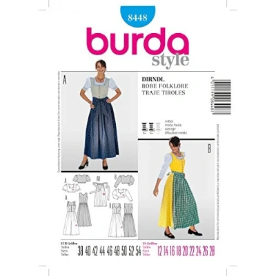 Abbildung von Burda Style Schnittmuster 8448 Dirndl zum selber nähen Damen, Gr. 38 54 Nählevel: mittel