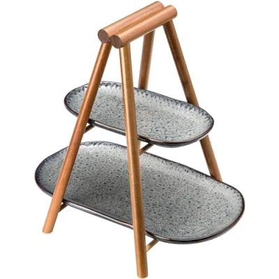 Abbildung von Leonardo Matera Etagere Kleine 2 stöckig aus Keramik und Holz Eckiger Teller zum Anrichten von Apero, Snacks, Käse etc. 33,6x8,2x24,5 cm (BxHxT) Anthrazit, 022854
