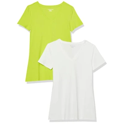 Abbildung von Amazon Essentials Damen T Shirt mit kurzen Ärmeln und V Ausschnitt in normaler Passform, 2er Pack, Lindgrün/Weiß, XXL