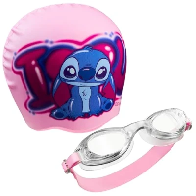 Abbildung von Disney Badekappe &amp; Schwimmbrille Kinder Set, UV Schutz, Anti Beschlag Stitch Sachen für (Rosa Stitch, 6 14 Jahre)