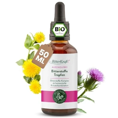 Abbildung von BitterKraft! Alkoholfrei BIO Bitterstoffe Tropfen nach Hildegard von Bingen hochdosierte Bittertropfen 9 erlesene Bitterkräuter 100% Natur (50ml)