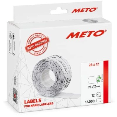 Abbildung von Meto Etiketten für Handauszeichner (26x12 mm, 1 zeilig, 12.000 Stück, weiß, wiederablösbar, Meto, Hutner, Avery, Contact, Sato, Tovel etc.)