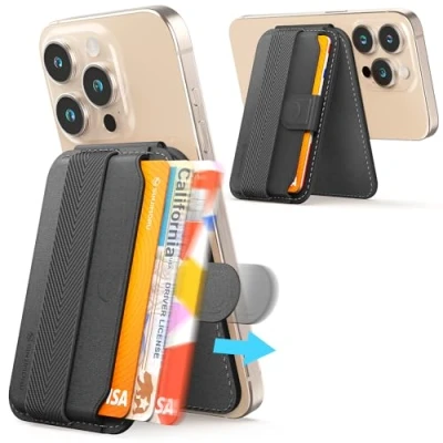 Abbildung von Sinjimoru Magnetischer Kartenhalter mit Auswurffunktion, Handybrieftasche für MagSafe Ständer, kompatibel iPhone 16 15 14 13 12 Serie. M Pull Tab Stand Schwarz