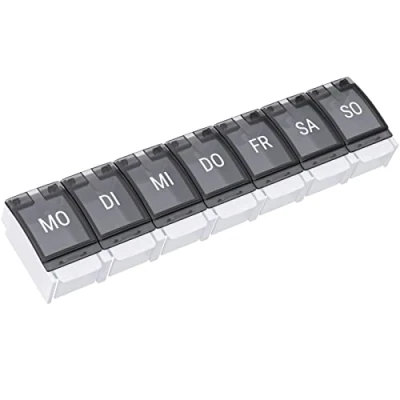 Abbildung von WELLGRO Tablettenbox für 7 Tage Pillendose 1 Fach pro Tag Klappdeckel mit Druckverschluss Material BPA freier Kunststoff (PP) Farbe wählbar, Farbe:Schwarz