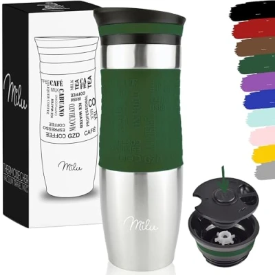 Abbildung von Milu Thermobecher 370ml 450ml Isolierbecher Kaffeebecher to go 100% Auslaufsicher Trinkbecher aus Edelstahl Autobecher doppelwand Isolierung Thermo Becher Travel Mug (Olivgrün, 450ml)