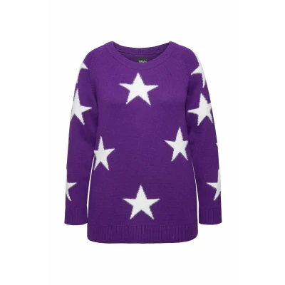 Abbildung von Ulla Popken Damen Pullover, Glitzersterne, Rundhals, Raglan Langarm, Dunkles Violett, 54 56 EU