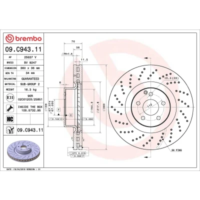 Abbildung von BREMBO 09.C943.11 Bremsscheibe 360 36 5 gelocht/innenbel. beschichtet hochgekohlt mit Schrauben MERCEDES BENZ: S Class Saloon