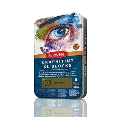 Abbildung von Derwent XL Graphitblock, 6er Set Malstifte, 60 mm, extrabreite Farbstifte, wasservermalbar, ideal zum Skizzieren, Zeichnen und für ausdrucksstarke Zeichnungen, Profi Qualität, in Stiftebox, 2306175