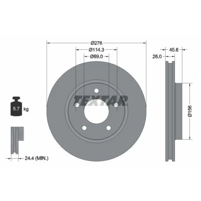 Abbildung von TEXTAR PRO 92197403 Bremsscheibe 276 26 05/05 114,3 innenbelüftet beschichtet ohne Radbefestigungsbolzen, Radnabe MITSUBISHI: Lancer 8