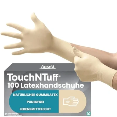 Abbildung von Ansell TouchNTuff 69 318 Latex Einweghandschuhe Puderfrei, Professionelle Schutzhandschuhe mit Texturierte Fingerspitzen, Lebensmittel Einmalhandschuhe, Weiß, Größe M (100 Handschuhe)