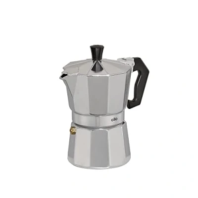 Abbildung von cilio Espressokocher Classico für 3 Tassen Höhe: 16 cm Ø: 8,5 Aluminium Gehäuse Silber Espresso Kocher mit Planboden Reisen oder Camping Kaffeekocher