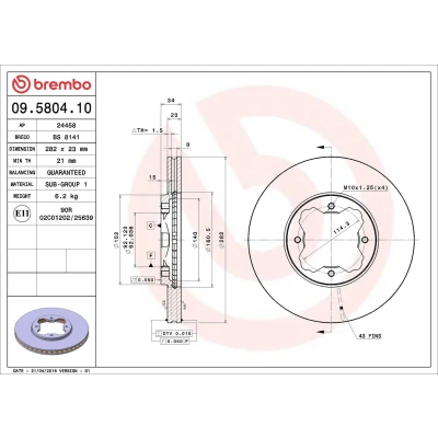 Abbildung von BREMBO 09.5804.10 Bremsscheibe 282 23 4 innenbelüftet HONDA: ACCORD Coupe, 5, ROVER: 600