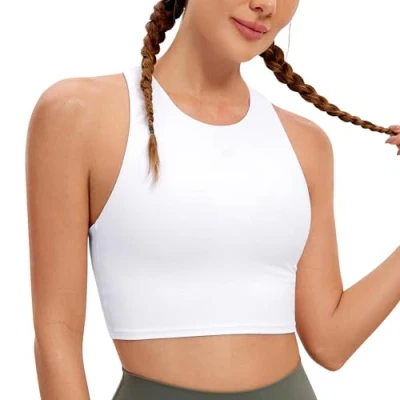 Abbildung von CRZ Yoga Damen Butterluxe Racerback Sport BH Gepolstert Ohne Bügel Crop Tops Longline Tank Top Fitness Sports Bra Weiss 44