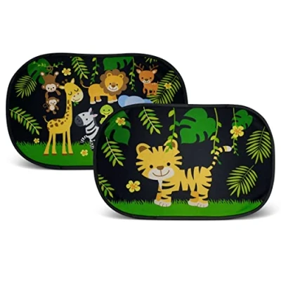 Abbildung von HECKBO 2X Auto Sonnenblende mit 8 Saugnäpfen Dschungel Tiere Motiv 48x31cm Fenster Seitenfenster Sonnenschutz Autosonnenblende Seitenscheibe Tasche für Baby Kinder Mädchen Jungen