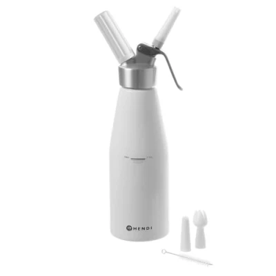 Abbildung von HENDI Sahnespender, Inklusive Set aus 3 Polypropylen Spritztüllen und Reinigungsbürste, Sahne Mousses Desserts kalten Schäumen, 0,95L, ø95x(H) 320mm, Aluminium, Weiß