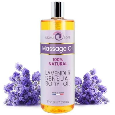 Abbildung von Traubenkernöl Massageöl Beruhigende Lavendel Duft Hautpflegende Antioxidantien und Vitamin E Luxuriöses Massageerlebnis Ideal als Badeöl, Entspannungsgeschenk 200 ml
