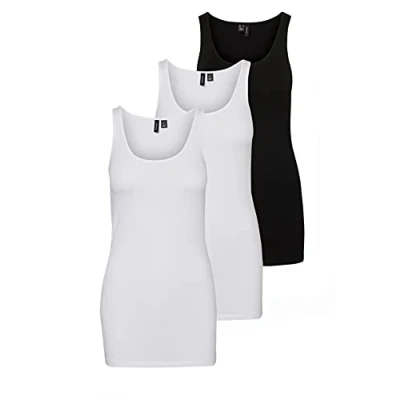 Abbildung von VERO MODA Damen VMMAXI My Soft Long Tank TOP GA 3P 10229554, Bright White/Black &amp; WH, S