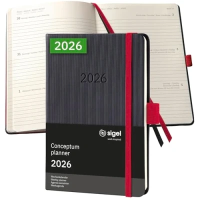 Abbildung von SIGEL C2609 Wochenplaner Wochenkalender 2026, ca. A6, schwarz, rot, Hardcover, 176 Seiten, Gummiband, Stiftschlaufe, Archivtasche, aus nachhaltigem Papier, Kalenderbuch Conceptum