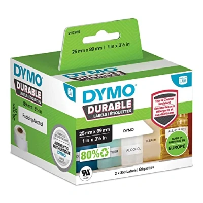 Abbildung von DYMO Original LabelWriter Hochleistungs Etiketten 25 mm x 89 weißes Kunststoff Etikett Rolle mit 700 für Beschriftungsgerät