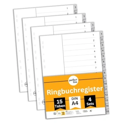 Abbildung von perfect line Ordner Register DIN A4 aus Kunststoff (PP), 15 Taben (15 teilig), 4er Set, Grau, Trennblätter für Akten Ordner, recycelbar, MADE IN GERMANY