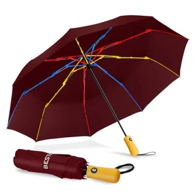 Abbildung von BESTKEE Regenschirm sturmfest, Taschenschirm mit Auf Zu Automatik, 210T Wasserdichter Schnelles Trocknen Regenbogenrippen Kompakter Winddicht Reiseschirm Leicht für Damen Herren（Rot）