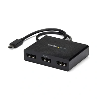 Abbildung von StarTech.com 3 Port USB C Multi Monitor Adapter, auf 3x DisplayPort 1.2 MST Hub, Dreifach 1080p 30Hz DP Laptop Display Extender / Splitter, extra langes integ. Kabel, nur Windows (MSTCDP123DP)