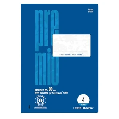 Abbildung von Staufen premio Schulheft 4 Hefte je 16 Blatt, DIN A4, Lineatur (9mm liniert), 90 g/m² Recyclingpapier, runde Ecken verhindern „Eselsohren“