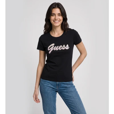 Abbildung von Guess Degrade Paillettes LOGO Tshirt print, Damen, Größe: Medium, Jet black