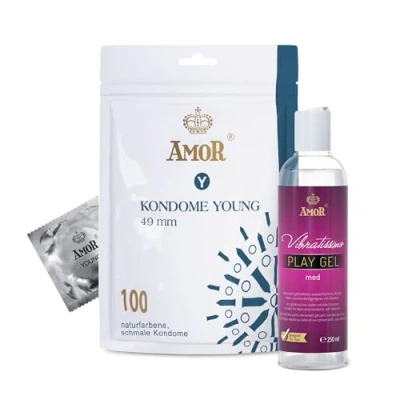 Abbildung von AMOR Premium Kondom und Gleitgel Set 100 Kondome Ø 49 mm + Vibratissimo Play Gel med 250 ml
