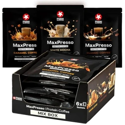 Abbildung von MaxiNutrition MaxPresso Mixbox 6x30g, 3 Sorten, Protein Kaffee, Whey Coffee Pulver, 21g Eiweiß pro Portion, Zuckerfrei &amp; fettarm, Warm kalt genießbar