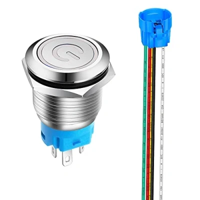 Abbildung von Gebildet 19mm Edelstahl Latching Drucktastenschalter 12V 24V 5A Power Symbol LED 1NO1NC SPDT ON Off Wasserdichter Nicht Momentan Kippschalter mit Steckdose Stecker (Weiß LED)